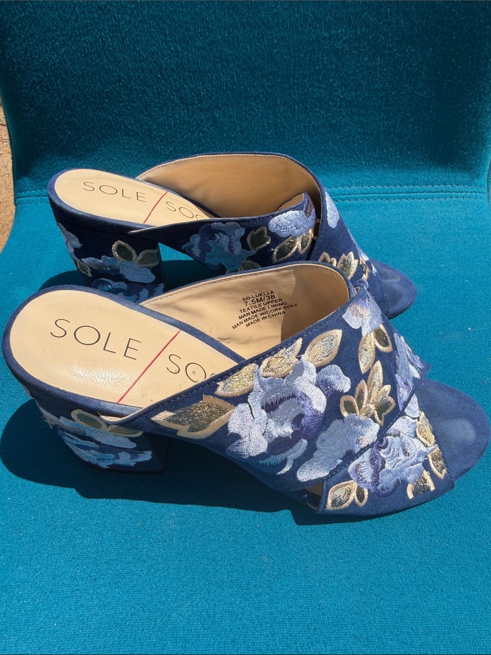 Sole Society Navy Blue Floral Embroidered Slide Mules